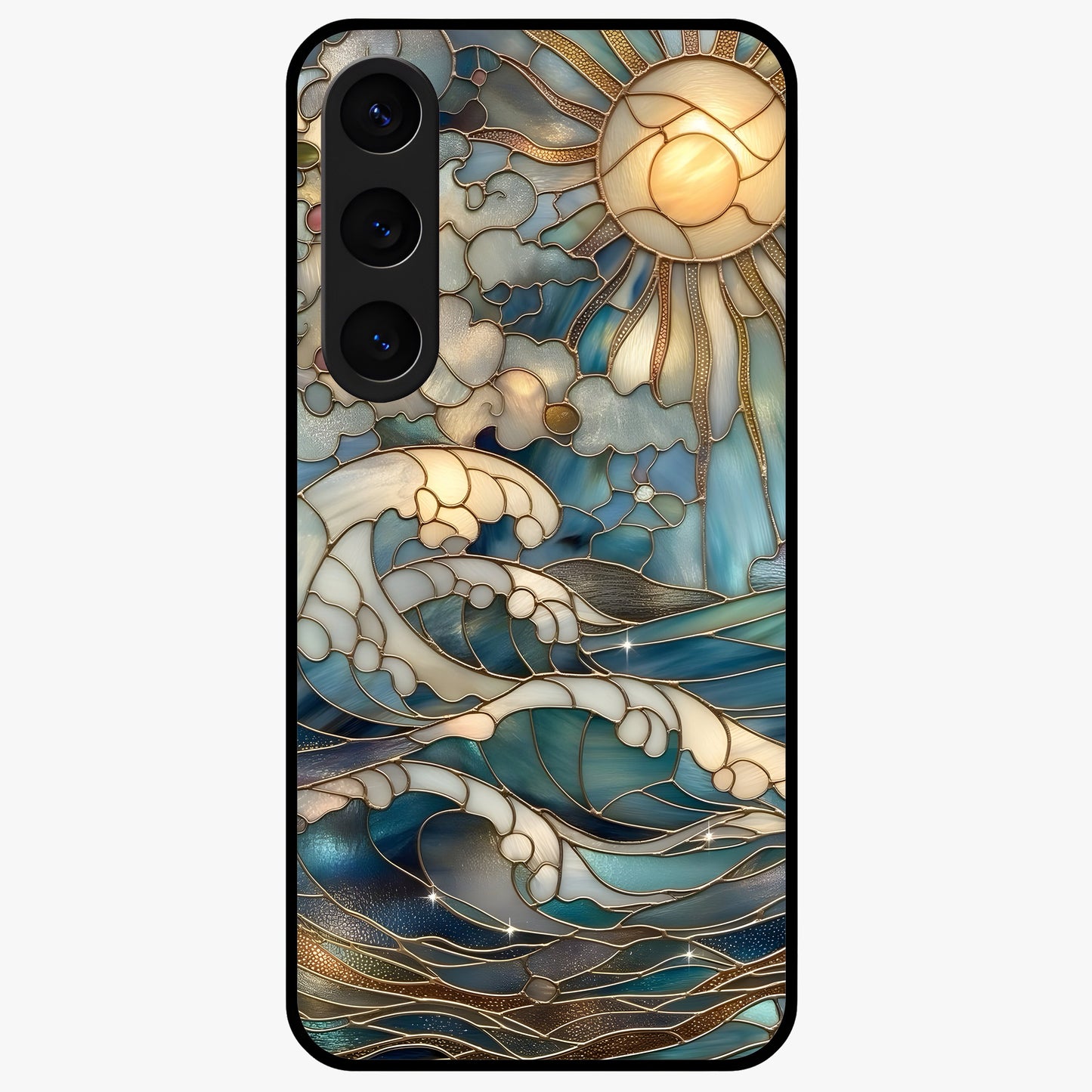 Oceanic Stained Printed Glass Case showing flat back view with ocean inspired stained pattern artwork and glossy glass finish.
