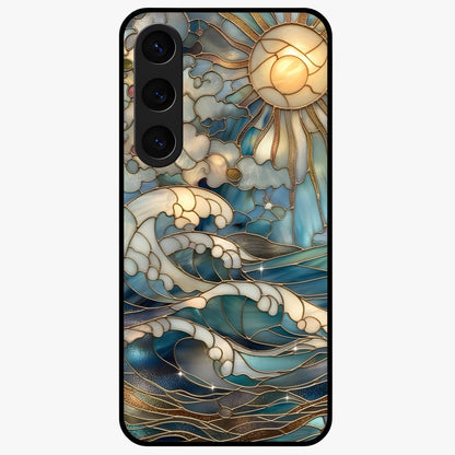 Oceanic Stained Printed Glass Case showing flat back view with ocean inspired stained pattern artwork and glossy glass finish.