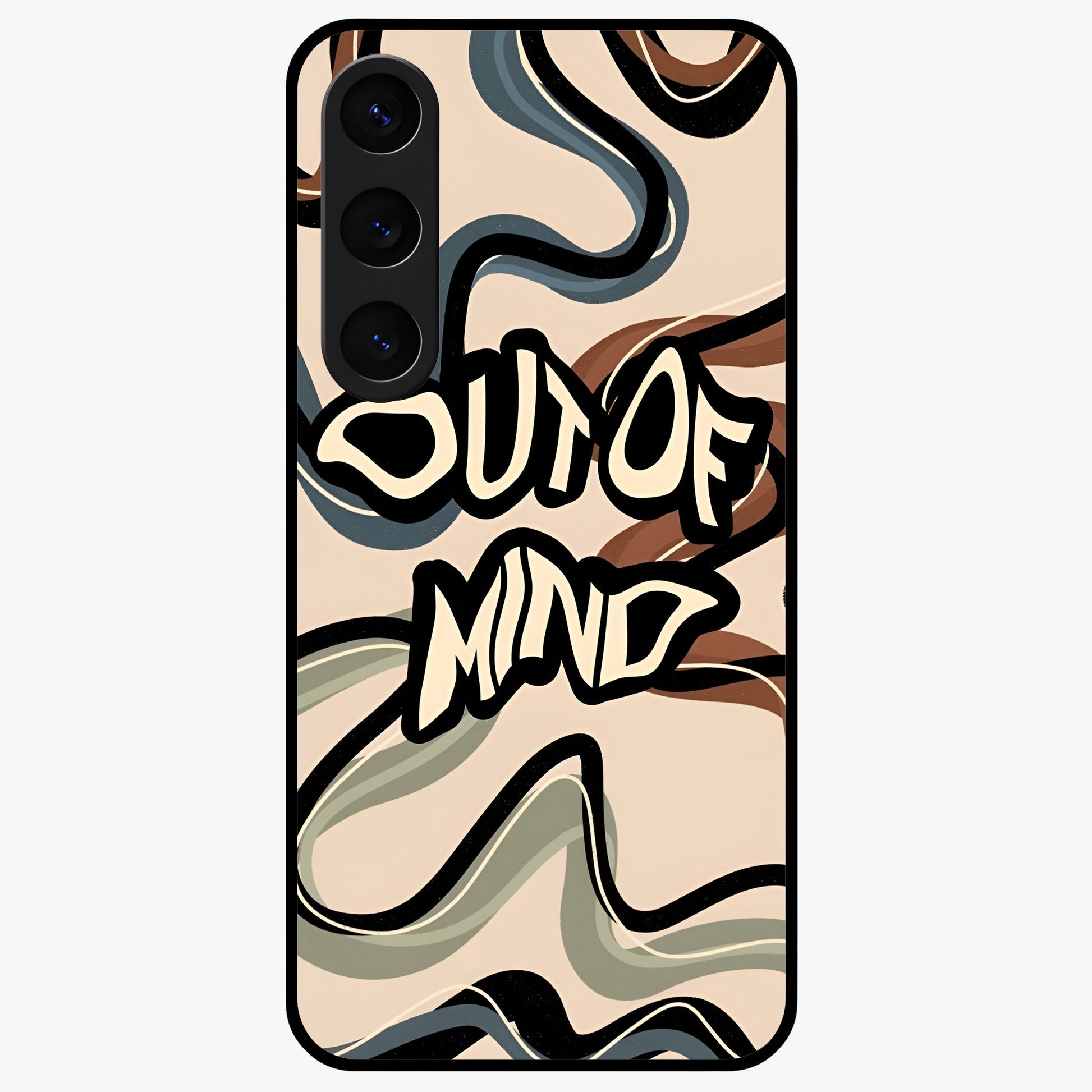 Out Of Mind Glass Case showing flat back view with expressive typography artwork and glossy glass finish.