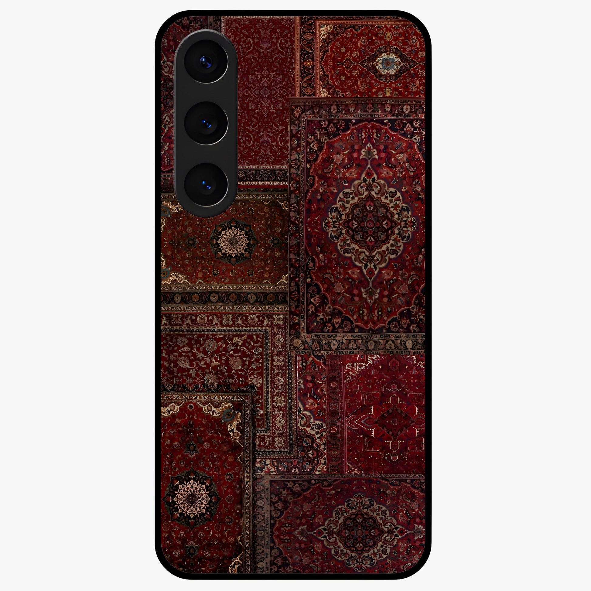 Persian Velvet Tale Glass Case showing flat back view with luxurious Persian velvet pattern artwork and glossy glass finish.