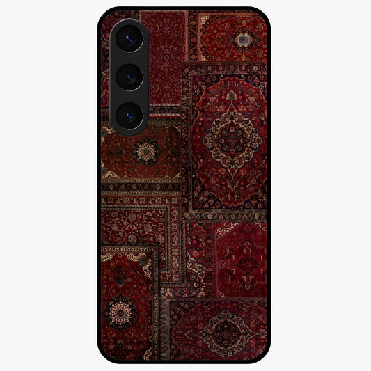 Persian Velvet Tale Glass Case showing flat back view with luxurious Persian velvet pattern artwork and glossy glass finish.