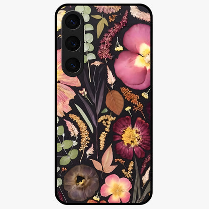 Petal Dream Tapestry Glass Case showing flat back view with intricate floral tapestry artwork and glossy glass finish.
