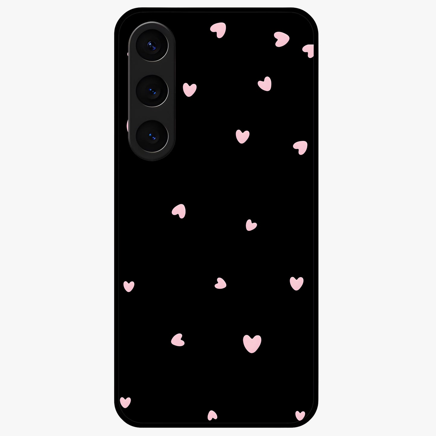 Pink Love Drops Glass Case showing flat back view with playful pink heart drops artwork and glossy glass finish.