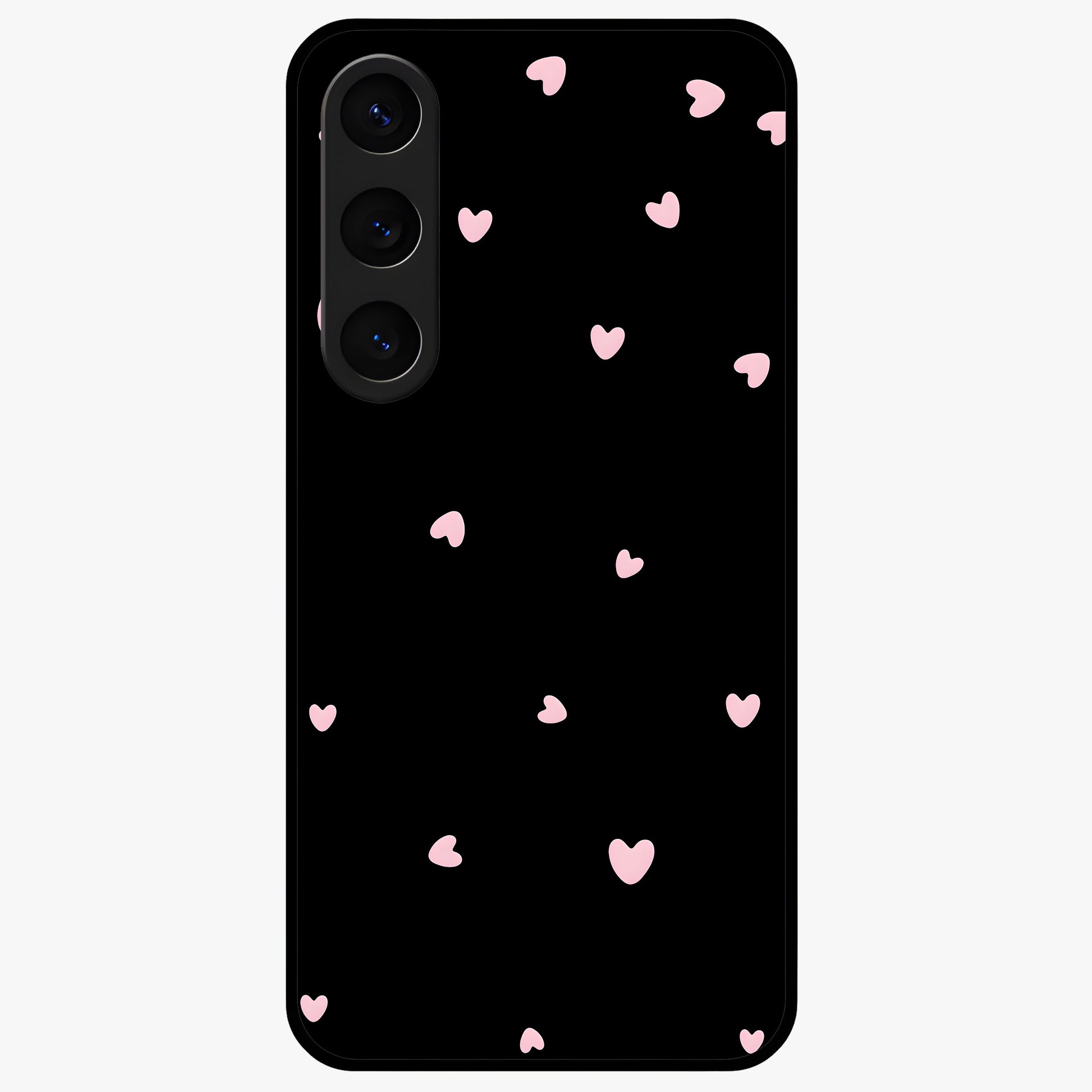 Pink Love Drops Glass Case showing flat back view with playful pink heart drops artwork and glossy glass finish.