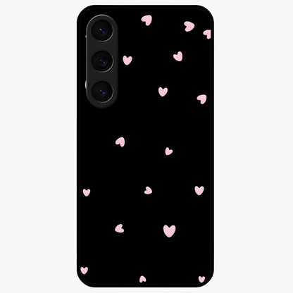 Pink Love Drops Glass Case showing flat back view with playful pink heart drops artwork and glossy glass finish.