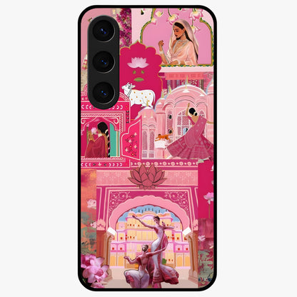 Pink Palace Muse Glass Case showing flat back view with elegant palace inspired artwork and glossy glass finish.
