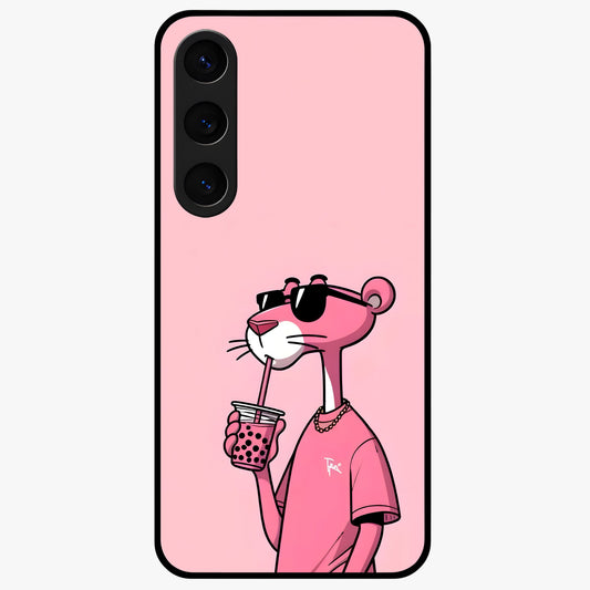 Pink Panther Glass Case showing flat back view with iconic pink panther artwork and glossy glass finish.