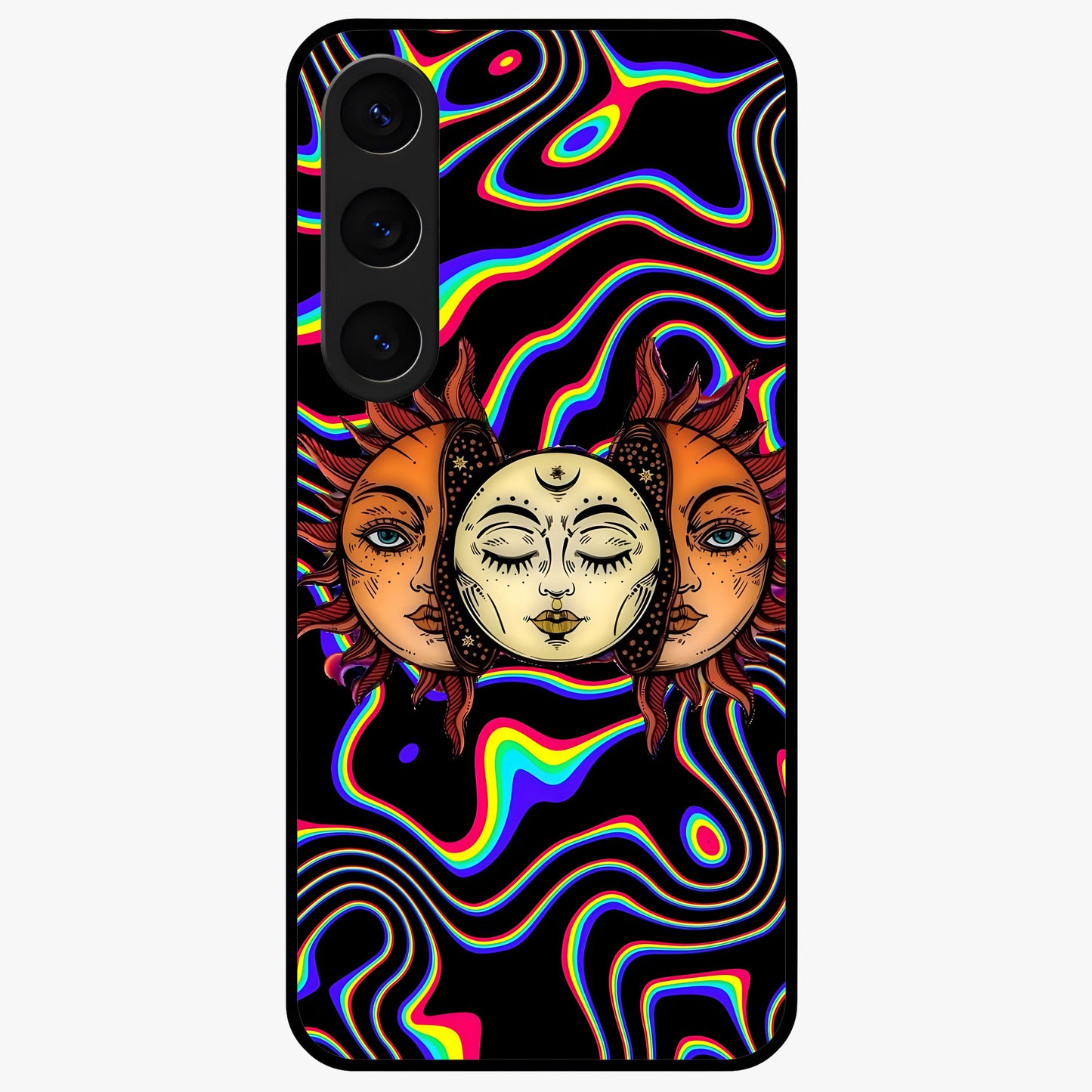 Psychedelic Sun Glass Case showing flat back view with colorful psychedelic sun artwork and glossy glass finish.