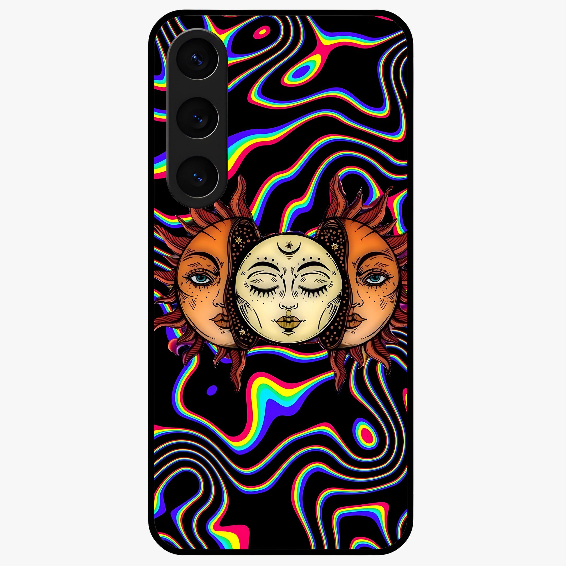 Psychedelic Sun Glass Case showing flat back view with colorful psychedelic sun artwork and glossy glass finish.