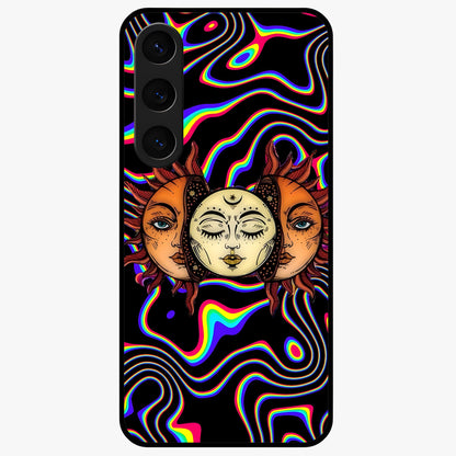 Psychedelic Sun Glass Case showing flat back view with colorful psychedelic sun artwork and glossy glass finish.