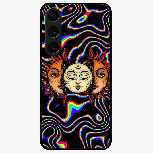 Psychedelic Sun Glass Case showing flat back view with colorful psychedelic sun artwork and glossy glass finish.
