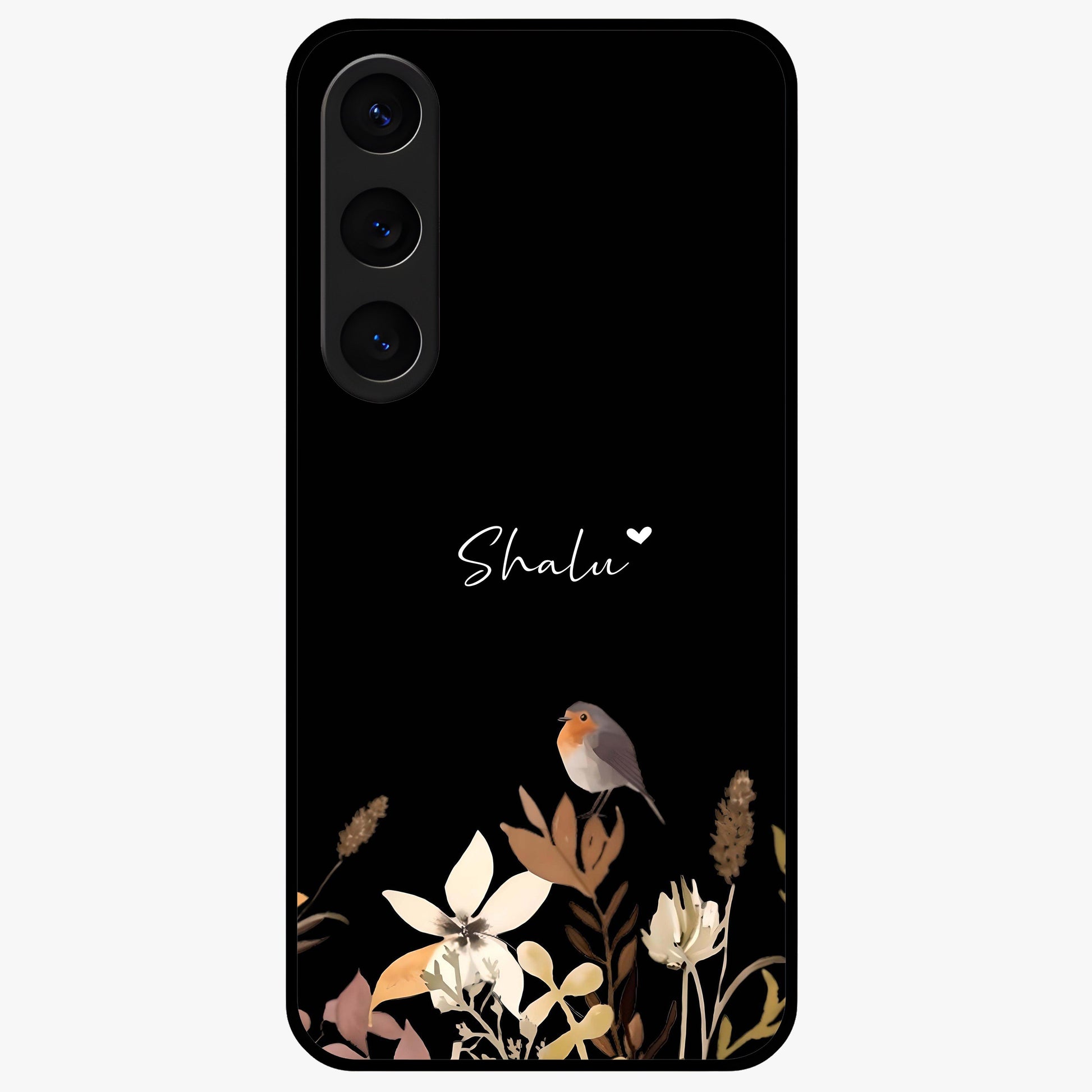 Quiet Garden Tune Custom Name Glass Case showing flat back view with peaceful garden artwork and personalized name design.