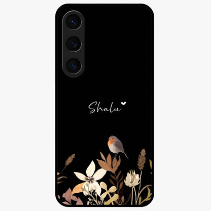 Quiet Garden Tune Custom Name Glass Case showing flat back view with peaceful garden artwork and personalized name design.