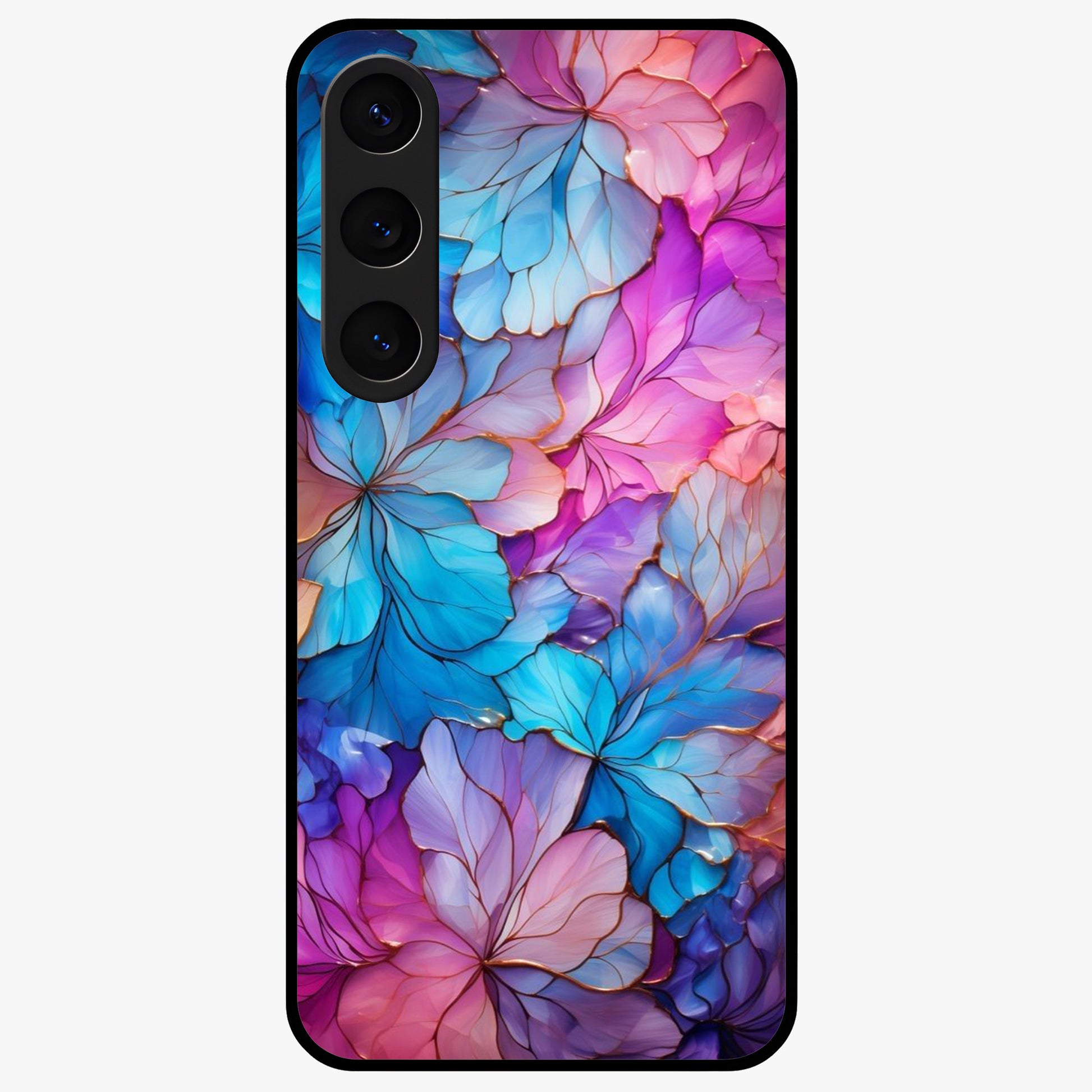 Radiant Floral Whirl Glass Case showing flat back view with swirling floral artwork and glossy glass finish.