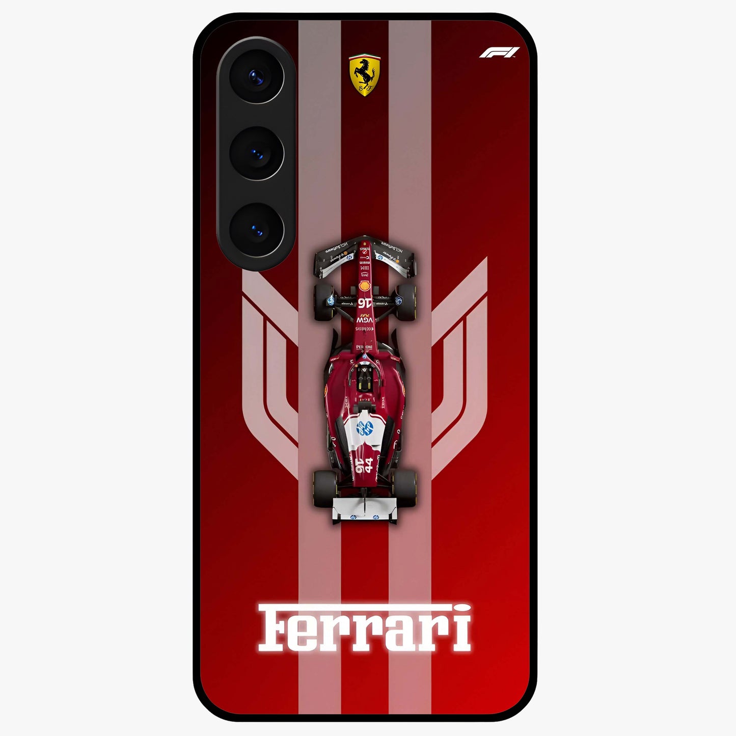 Red Ferrari F1 Vertical Glass Case showing flat back view with sleek Formula racing car artwork and glossy glass finish.