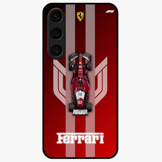 Red Ferrari F1 Vertical Glass Case showing flat back view with sleek Formula racing car artwork and glossy glass finish.
