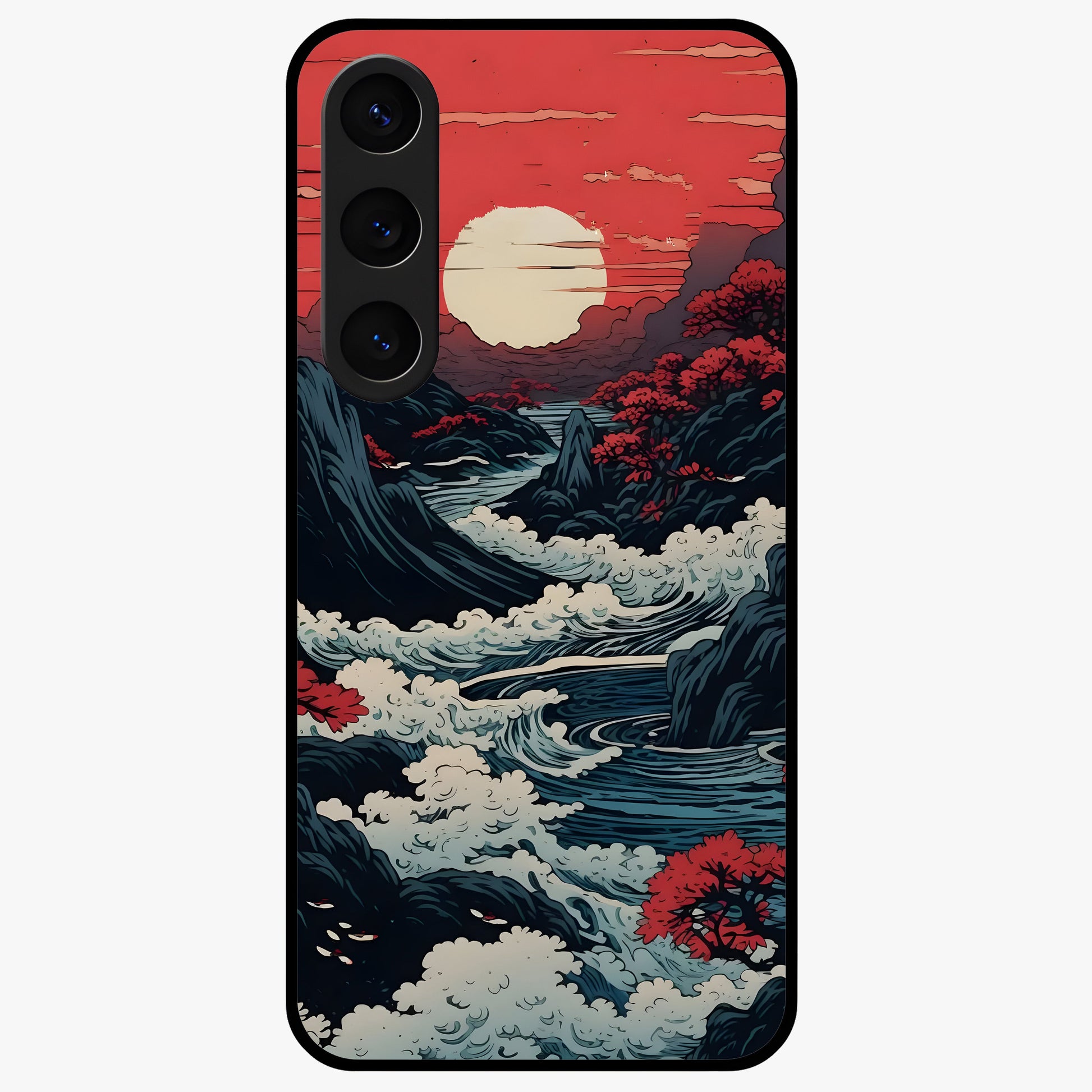 Red Sunset Scenery Glass Case showing flat back view with vibrant sunset landscape artwork and glossy glass finish.