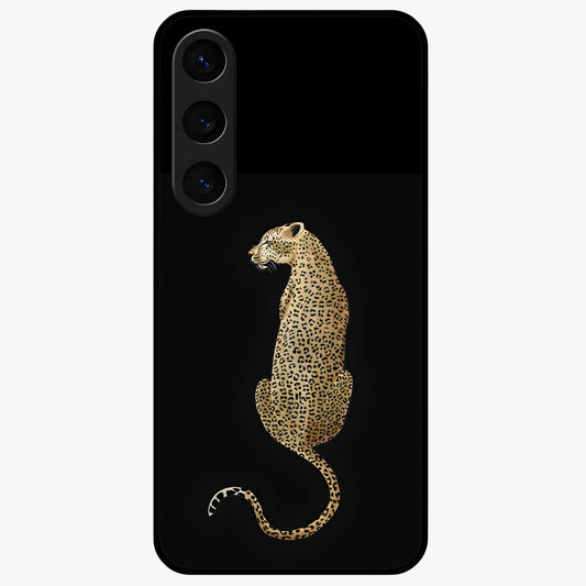 Regal Leopard Glass Case showing flat back view with bold leopard artwork and glossy glass finish.