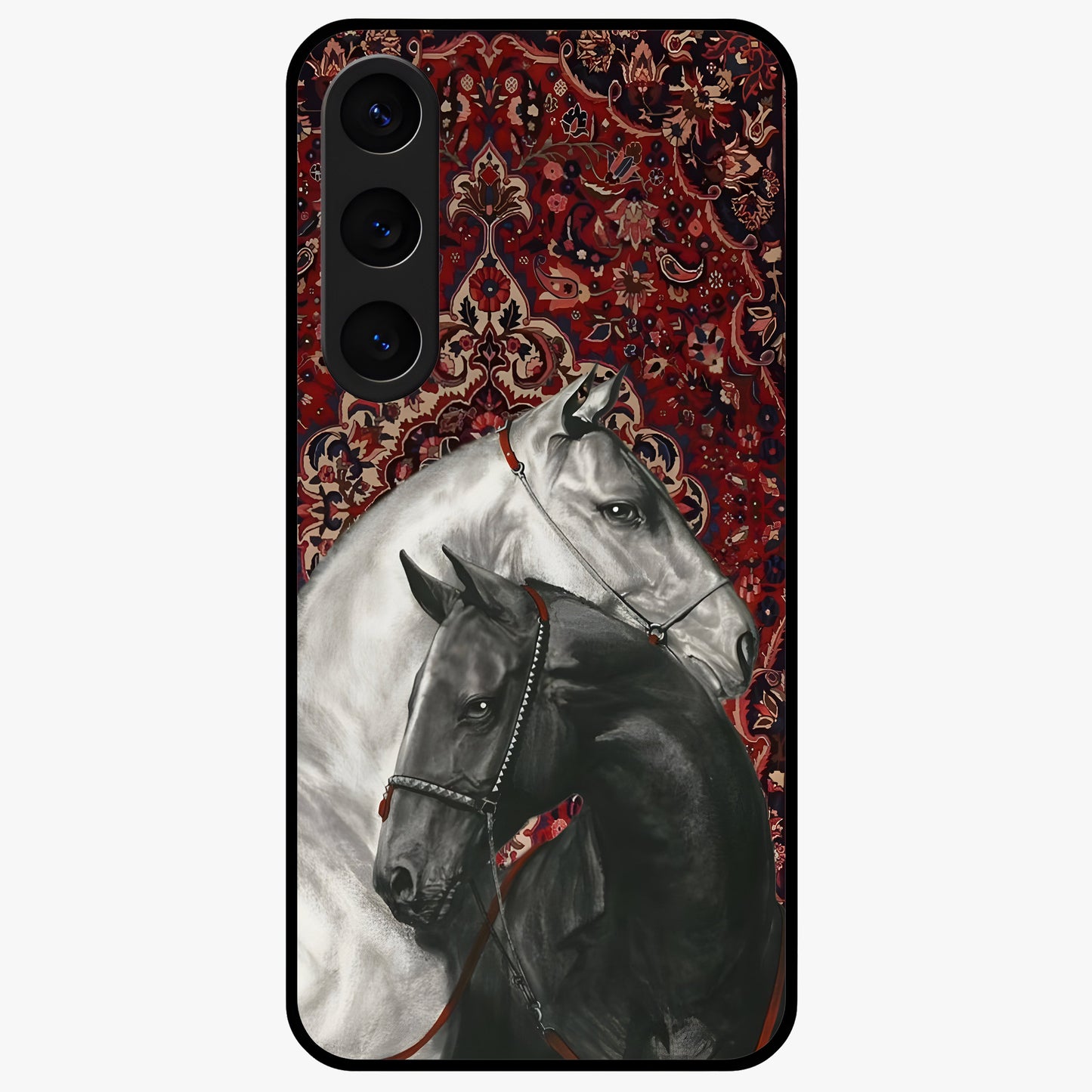 Regal Stallion Tapestry Glass Case showing flat back view with majestic horse tapestry artwork and glossy glass finish.