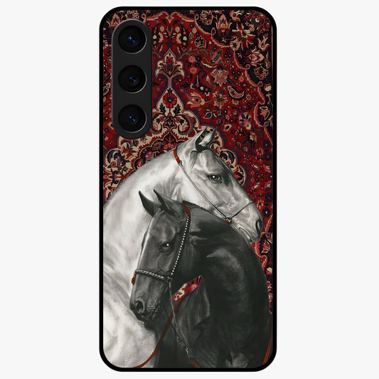 Regal Stallion Tapestry Glass Case showing flat back view with majestic horse tapestry artwork and glossy glass finish.