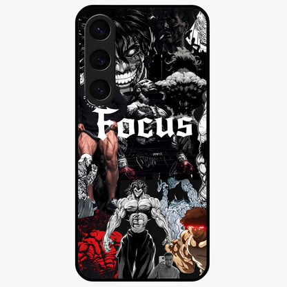 Relentless Power Focus Glass Case showing flat back view with motivational typography artwork and glossy glass finish.