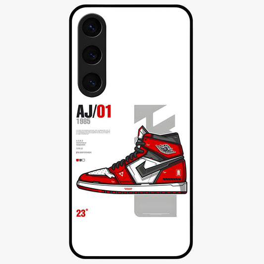 Retro Sneaker Blueprint Glass Case showing flat back view with sneaker blueprint style artwork and glossy glass finish.