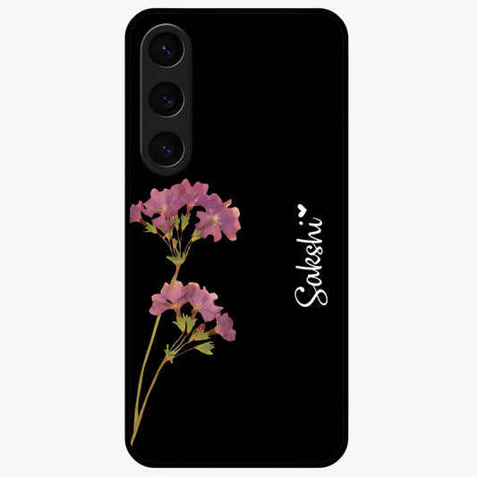 Riching Lavender Flower Custom Name Glass Case showing flat back view with lavender floral artwork and personalized name design.