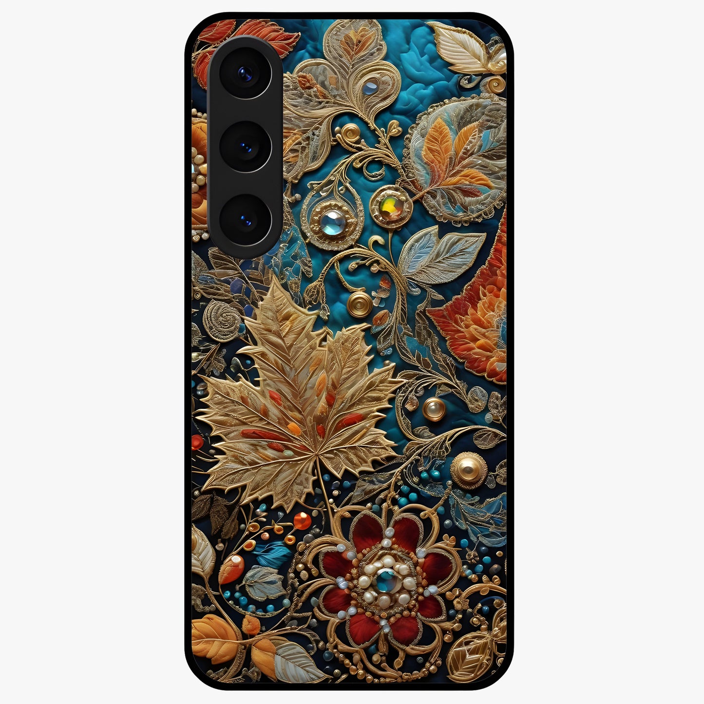 Royal Jewel Garden Glass Case showing flat back view with decorative floral garden artwork and glossy glass finish.