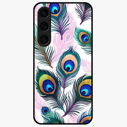 Royal Peacock Feathers Glass Case showing flat back view with colorful peacock feather artwork and glossy glass finish.