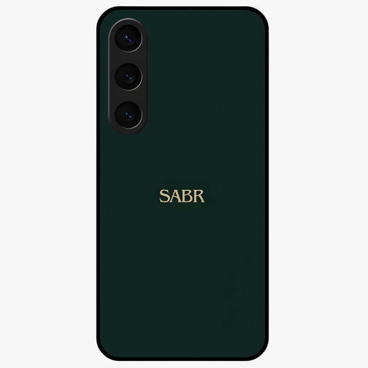 Sabr Minimal Patience Glass Case showing flat back view with minimalist typography artwork and glossy glass finish.