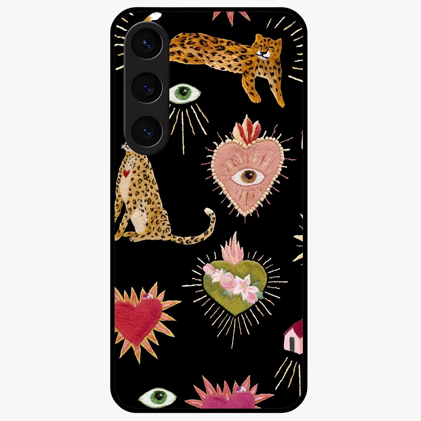 Sacred Jungle Heart Glass Case showing flat back view with jungle inspired heart artwork and glossy glass finish.