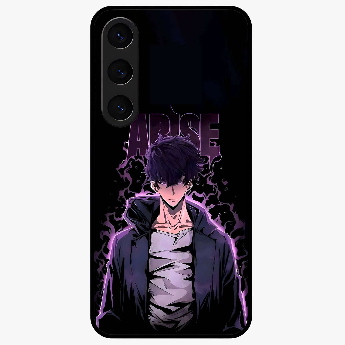 Shadow Monarch Awakening Glass Case showing flat back view with powerful dark monarch themed artwork and glossy glass finish.