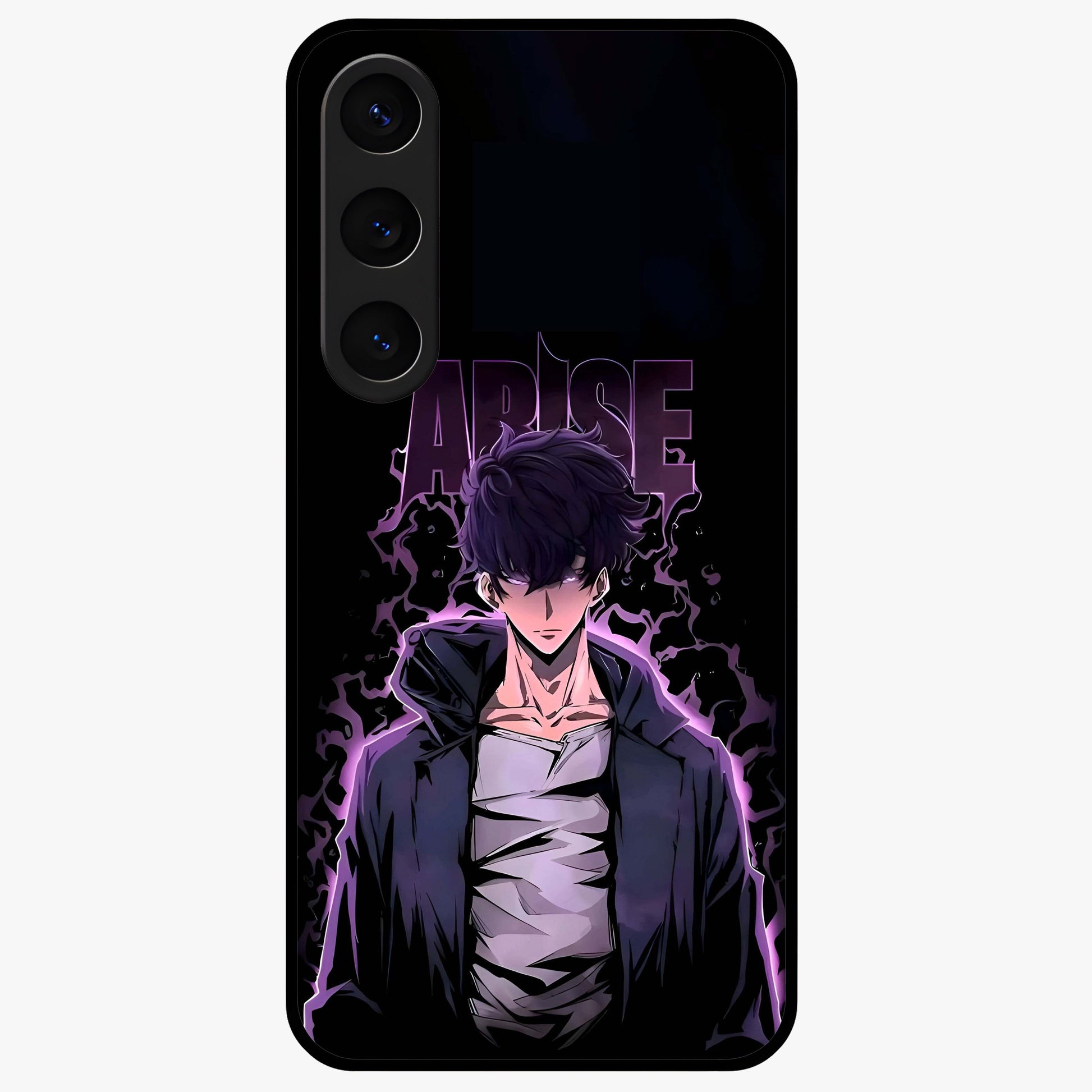 Shadow Monarch Awakening Glass Case showing flat back view with powerful dark monarch themed artwork and glossy glass finish.