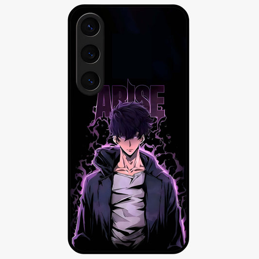 Shadow Monarch Awakening Glass Case showing flat back view with powerful dark monarch themed artwork and glossy glass finish.