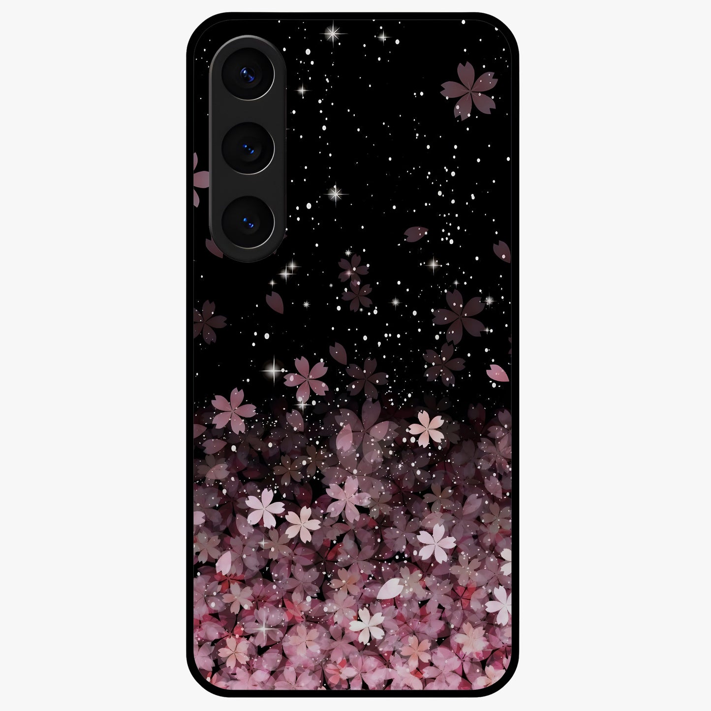 Small Starry Flowers Glass Case showing flat back view with delicate starry floral artwork and glossy glass finish.