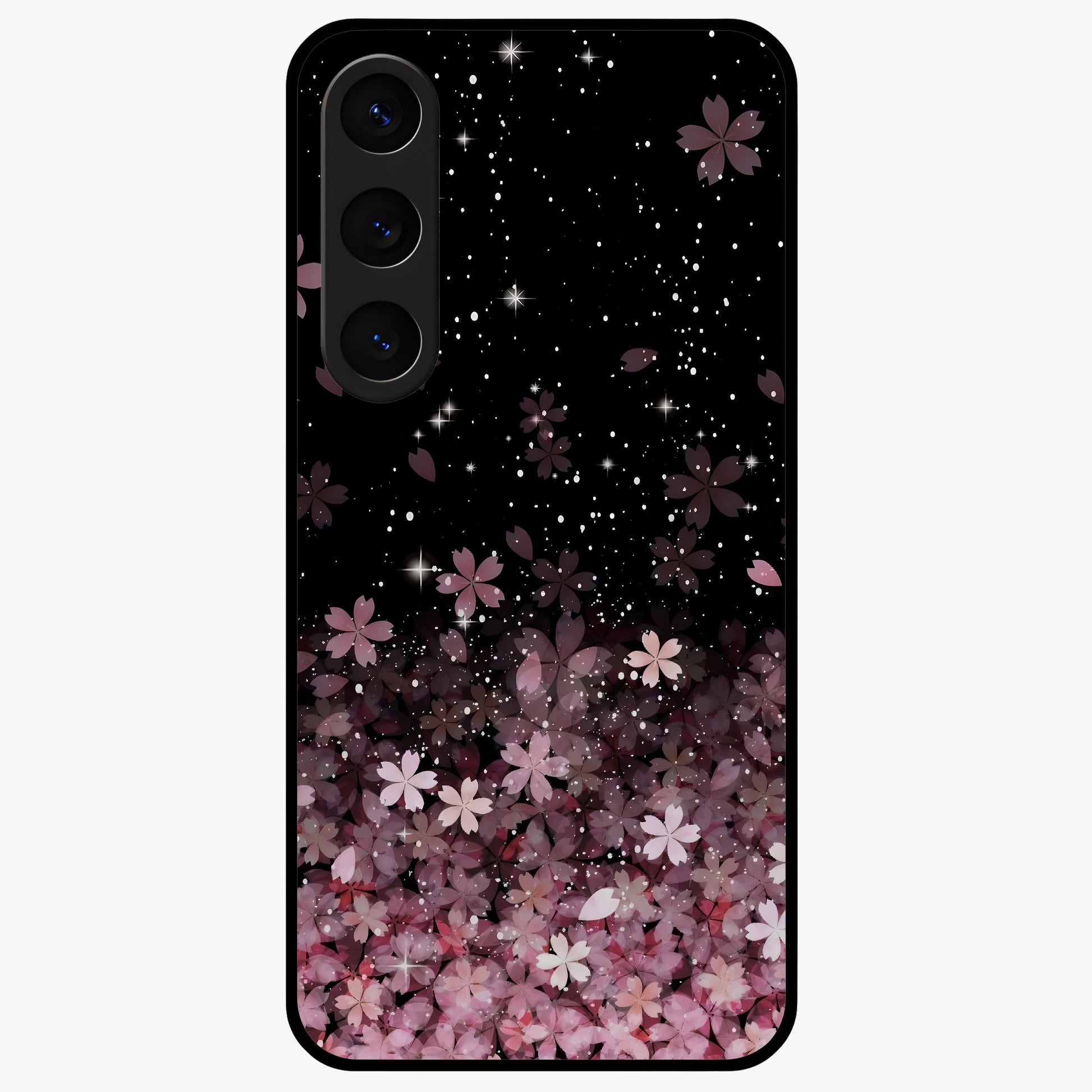 Small Starry Flowers Glass Case showing flat back view with delicate starry floral artwork and glossy glass finish.