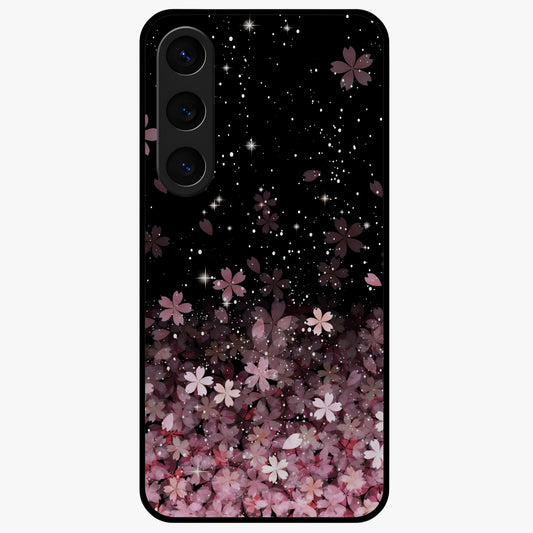 Small Starry Flowers Glass Case showing flat back view with delicate starry floral artwork and glossy glass finish.