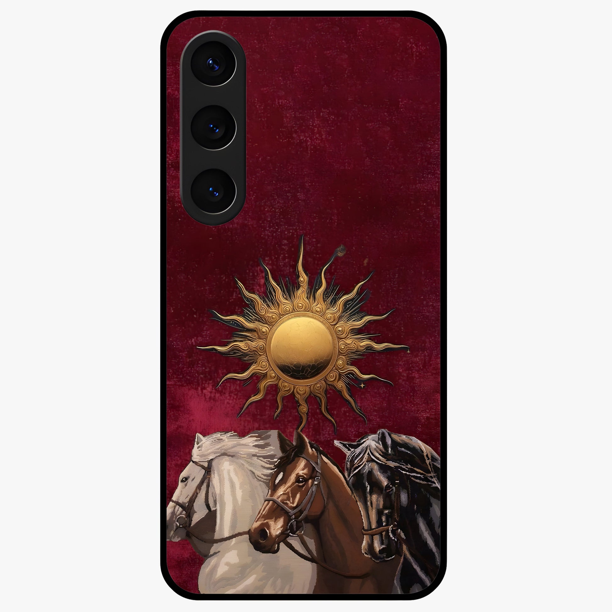 Solar Riders Glass Case showing flat back view with dynamic rider themed artwork and glossy glass finish.