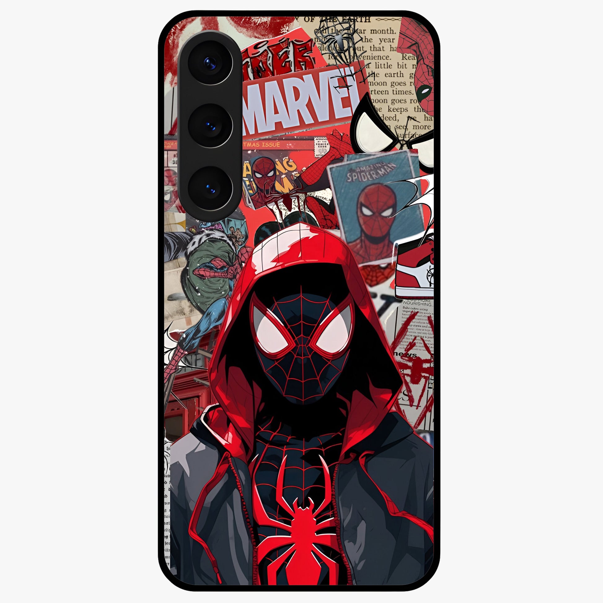 Spider Collage Street Glass Case showing flat back view with vibrant superhero collage artwork and glossy glass finish.