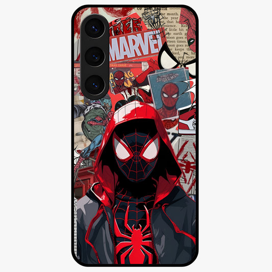 Spider Collage Street Glass Case showing flat back view with vibrant superhero collage artwork and glossy glass finish.