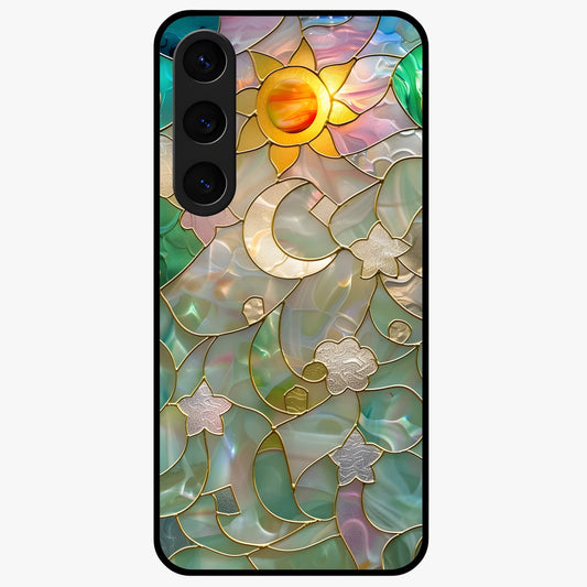Stained Sunrise Glow Glass Case showing flat back view with glowing sunrise stained pattern artwork and glossy glass finish.