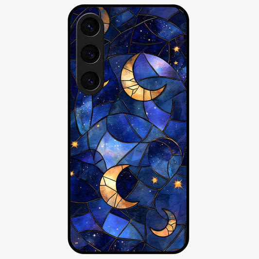 Starlit Sky Tapestry Glass Case showing flat back view with decorative starry sky tapestry artwork and glossy glass finish.