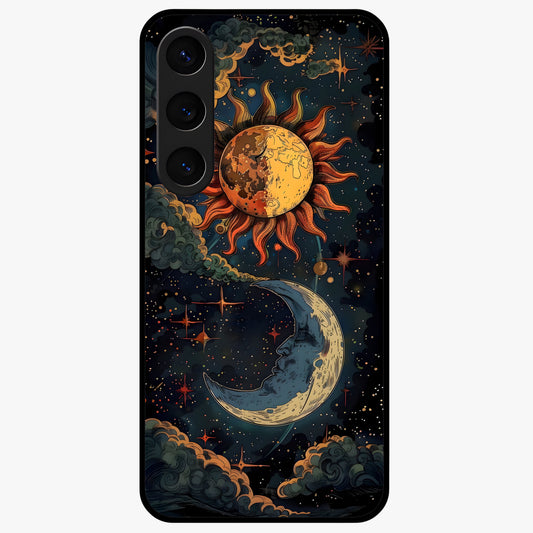 Sun And Moon Magic Design Glass Case showing flat back view with mystical sun and moon artwork and glossy glass finish.