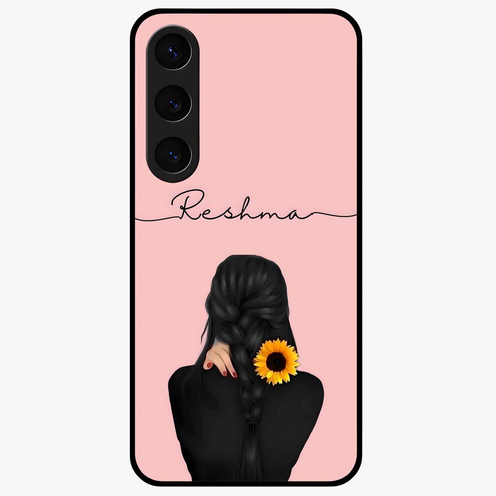 Sunflower Braid Beauty With Custom Name Glass Case showing flat back view with sunflower braid artwork and personalized name design.