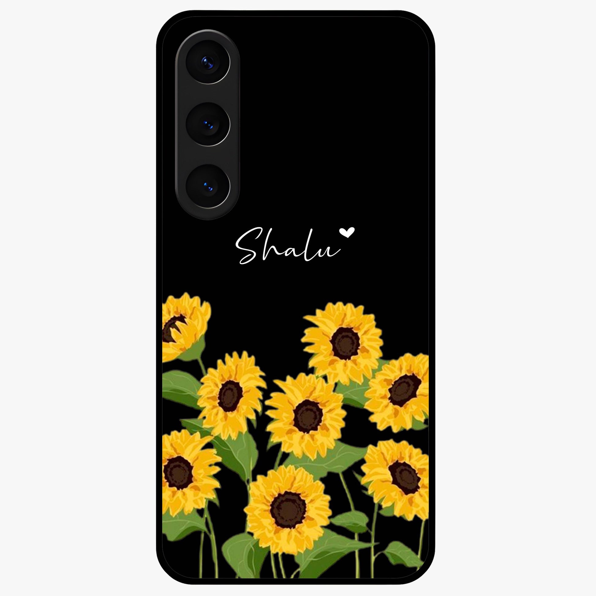 Sunflower Chic Mood Custom Name Glass Case showing flat back view with stylish sunflower artwork and personalized name design.