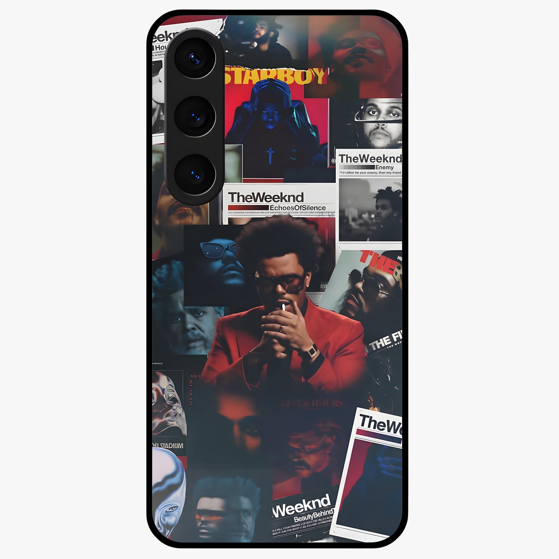 The Weeknd Glass Case showing flat back view with music inspired artistic portrait artwork and glossy glass finish.