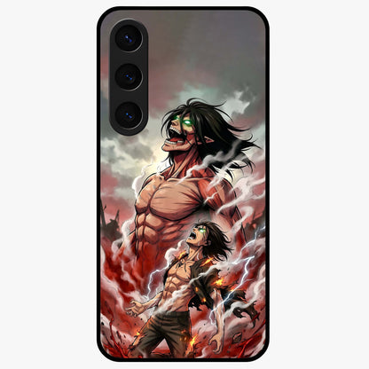 Titan Awakening Fury Glass Case showing flat back view with powerful titan inspired artwork and glossy glass finish.