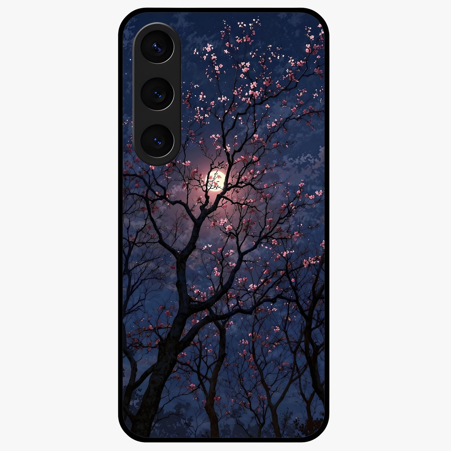 Twilight Sakura Serenade Glass Case showing flat back view with cherry blossom artwork at twilight and glossy glass finish.