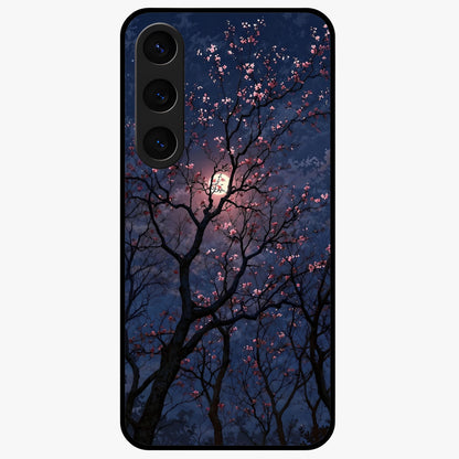 Twilight Sakura Serenade Glass Case showing flat back view with cherry blossom artwork at twilight and glossy glass finish.