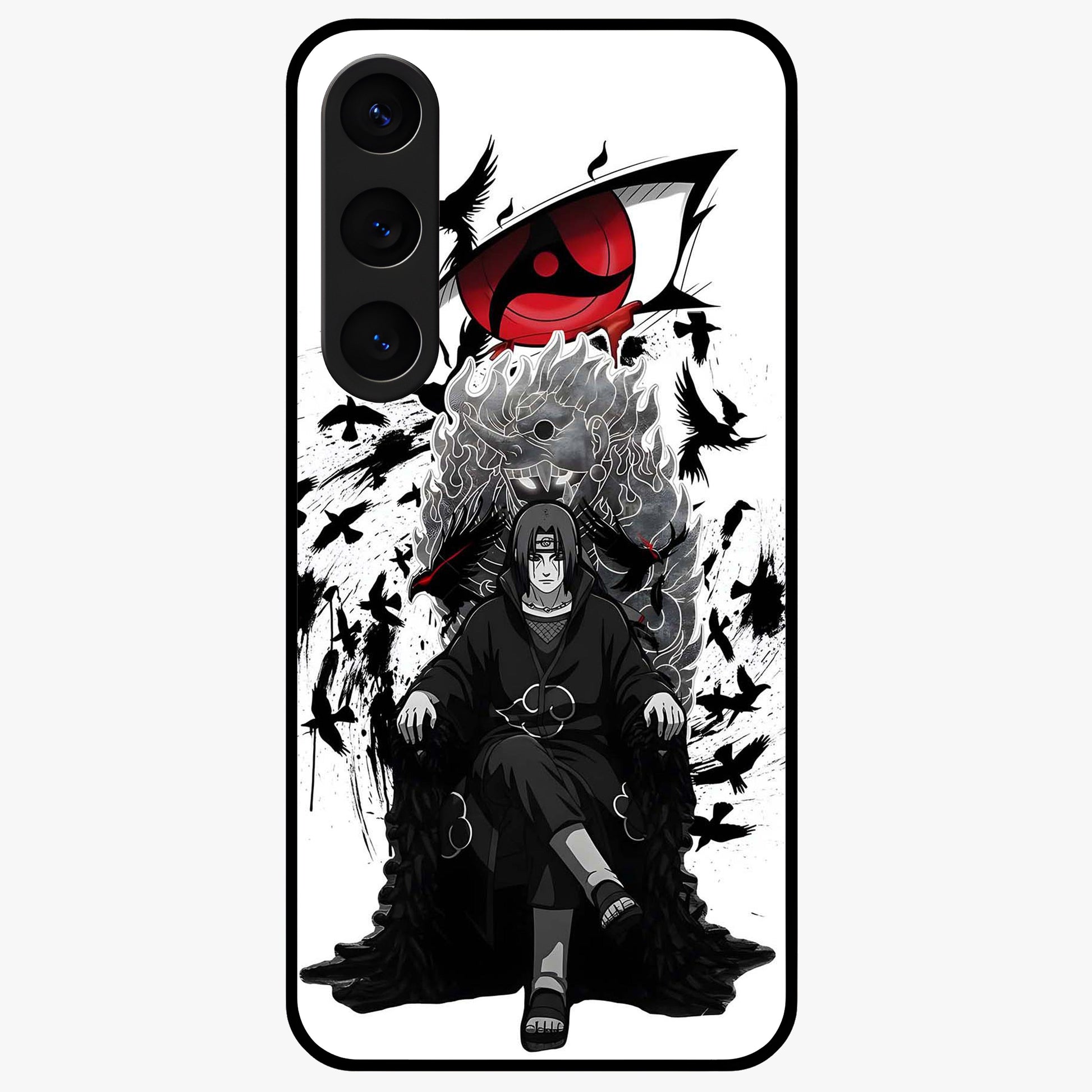 Uchiha Shadow Throne Glass Case showing flat back view with cosmic underwater themed artwork and glossy glass finish.